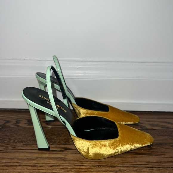 Saint Laurent Velvet Heels in Yellow and Mint - Picture 3 of 5